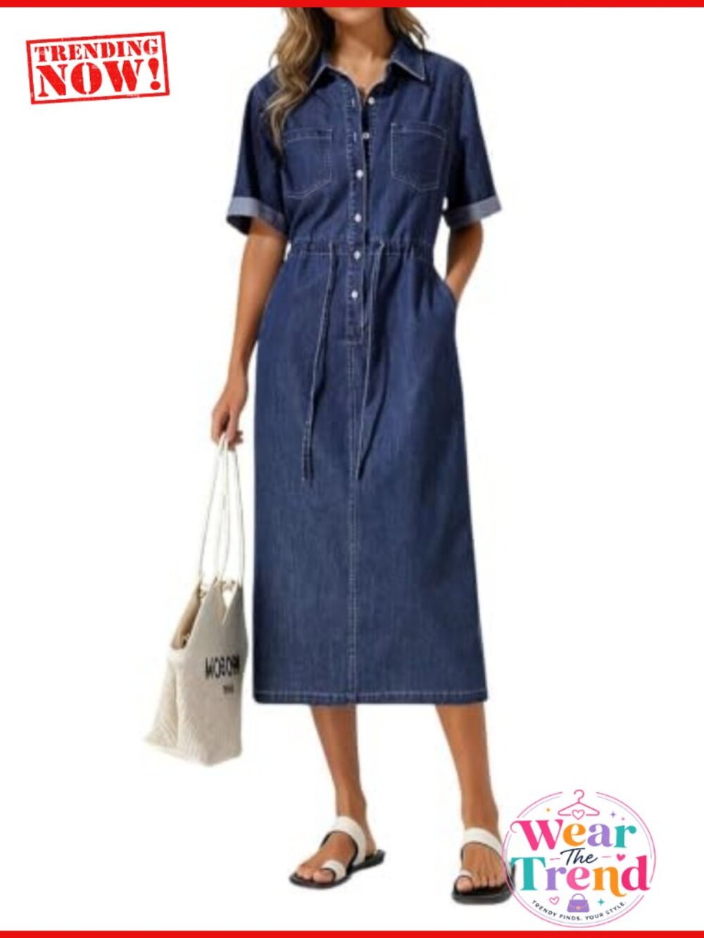 100% Cotton Denim Midi Dress Button Up Polo Collar Drawstring Waist Jean Shirt